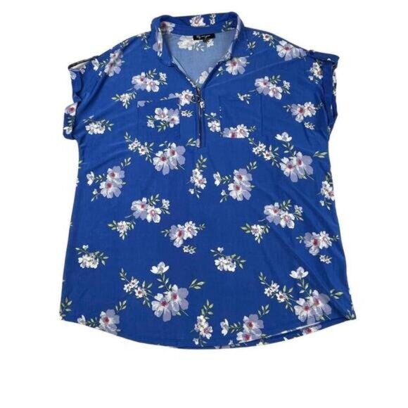 Tops - Lily Morgan Shirt Womens 1X Blue Floral Quarter Zip Collared Blouse